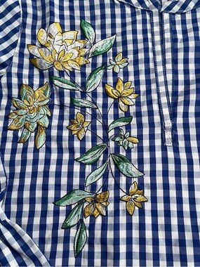 Blue Gingham Floral Embroidered Tunic Top SP 4/6 NWT